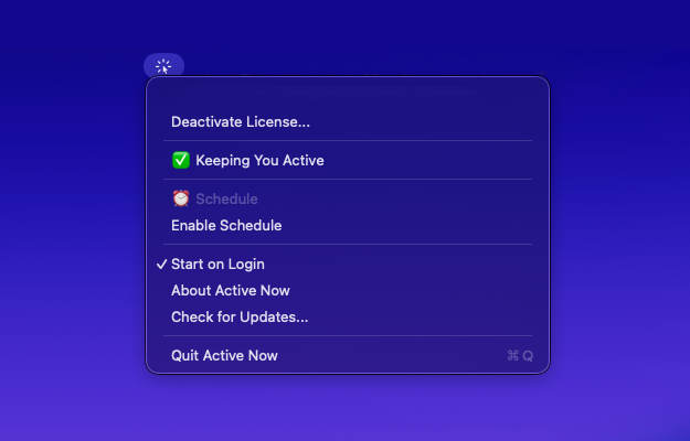Active Now menu bar app on Mac showing status controls