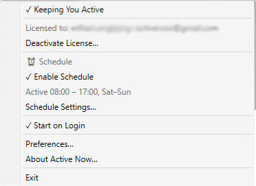 Active Now system tray app on Windows showing status controls